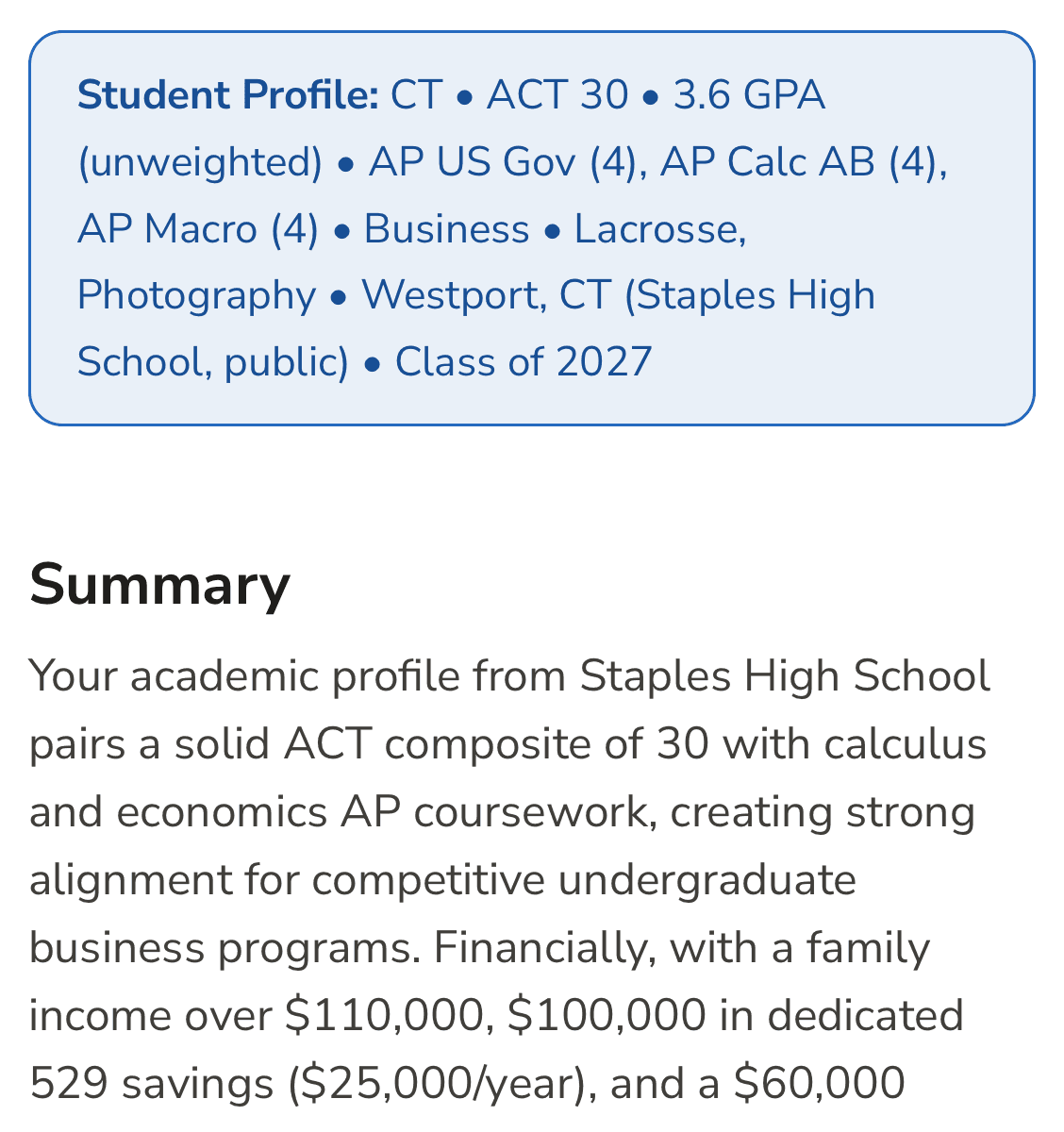 An omhu college plan: a one-line student profile, a summary paragraph, a count of reach, match and safety schools, and a ranked comparison table of recommended schools with admit rate, SAT average, ACT midpoint, graduation rate, cost with average aid, sticker price and fit tier.